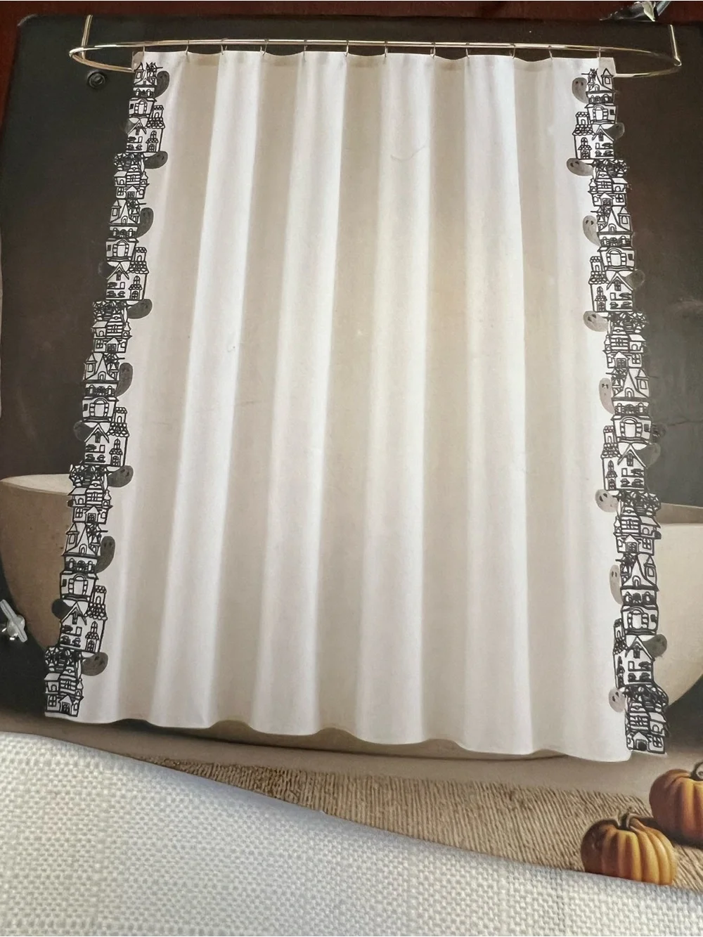 Spooky Embroidered White Shower Curtain with Gray Accents